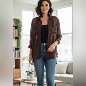 Sheer Brown Organza Animal Print Blouse - Size XL - NWT